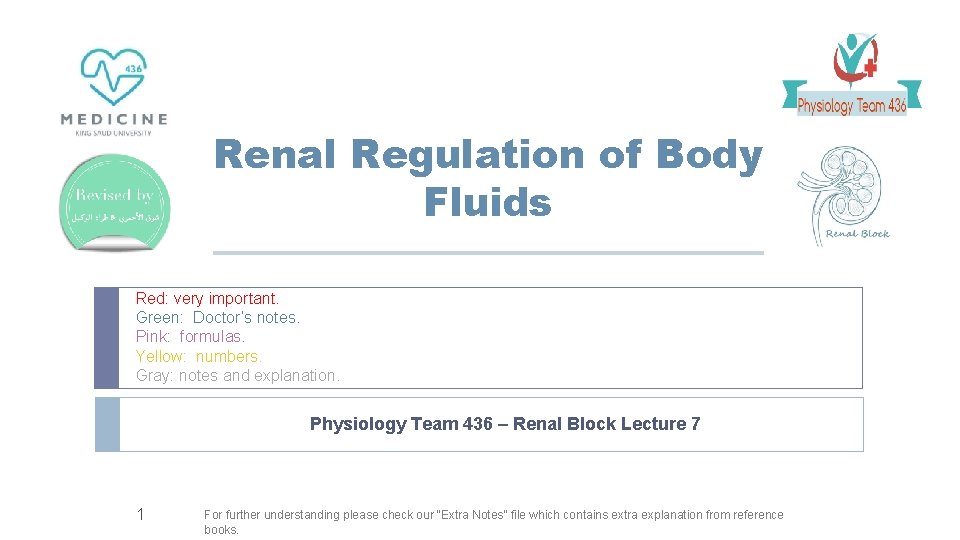 Renal Regulation of Body Fluids Red: very important. Green: Doctor’s notes. Pink: formulas. Yellow: