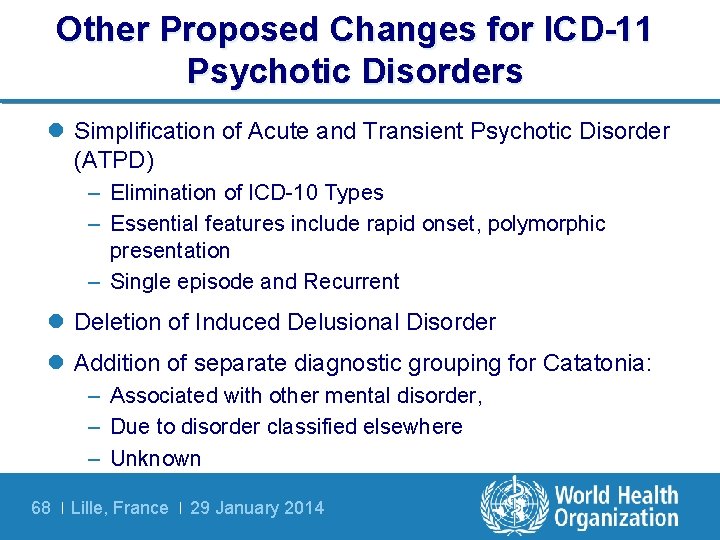 Other Proposed Changes for ICD-11 Psychotic Disorders l Simplification of Acute and Transient Psychotic