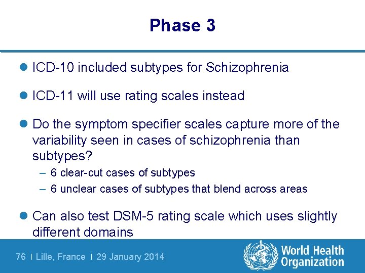 Phase 3 l ICD-10 included subtypes for Schizophrenia l ICD-11 will use rating scales