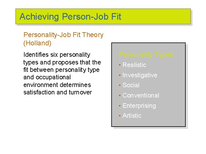 Achieving Person-Job Fit Personality-Job Fit Theory (Holland) Identifies six personality types and proposes that