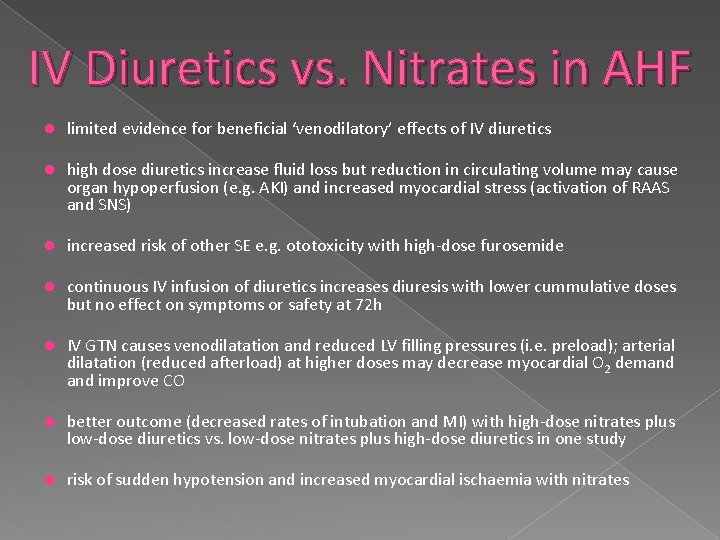 IV Diuretics vs. Nitrates in AHF limited evidence for beneficial ‘venodilatory’ effects of IV