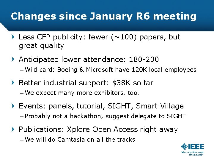 Changes since January R 6 meeting Less CFP publicity: fewer (~100) papers, but great