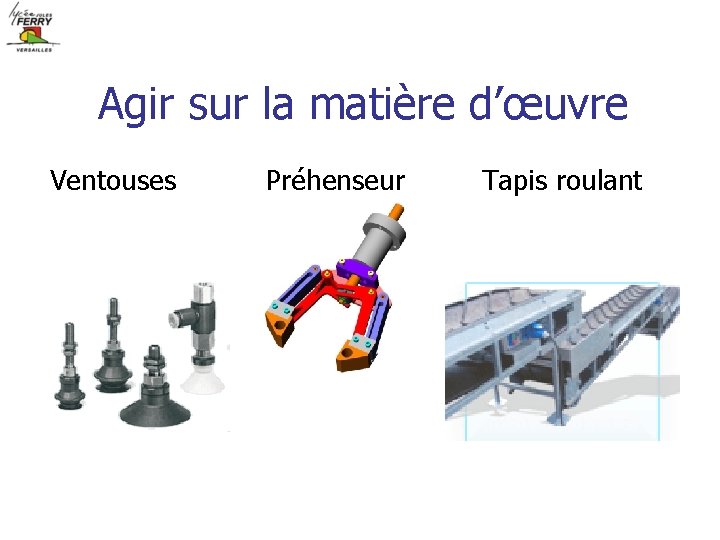 Agir sur la matière d’œuvre Ventouses Préhenseur Tapis roulant 