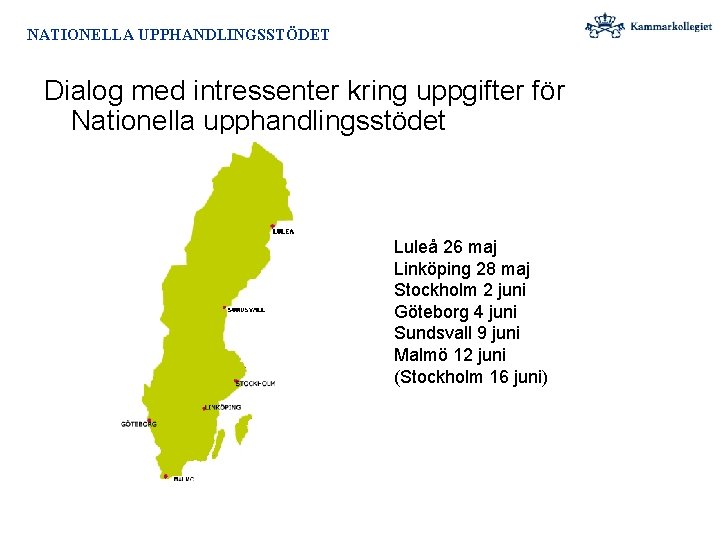 NATIONELLA UPPHANDLINGSSTÖDET Dialog med intressenter kring uppgifter för Nationella upphandlingsstödet Luleå 26 maj Linköping