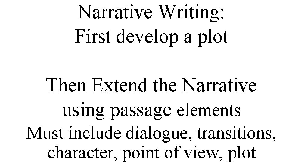 Narrative Writing: First develop a plot Then Extend the Narrative using passage elements Must