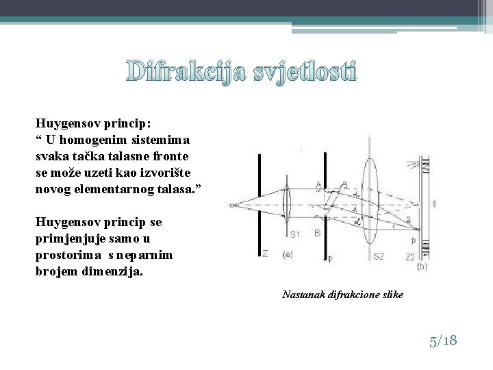 Difrakcija svjetlosti Huygensov princip: “ U homogenim sistemima svaka tačka talasne fronte se može Difrakcija svjetlosti Huygensov princip: “ U homogenim sistemima svaka tačka talasne fronte se može