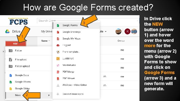 How are Google Forms created? 3 1 2 In Drive click the NEW button