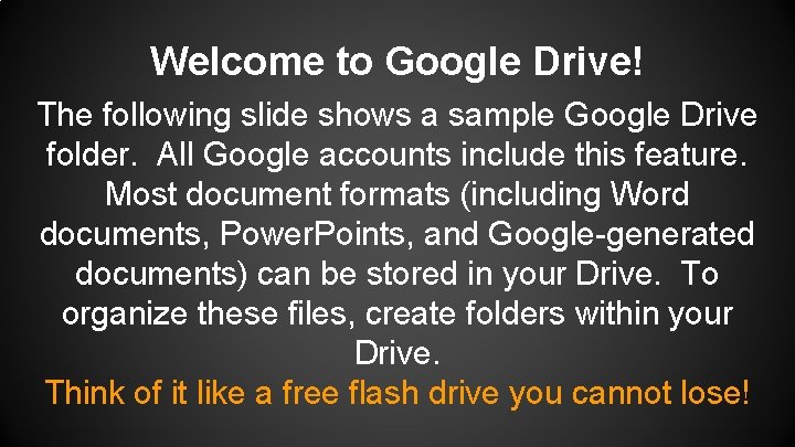 Welcome to Google Drive! The following slide shows a sample Google Drive folder. All