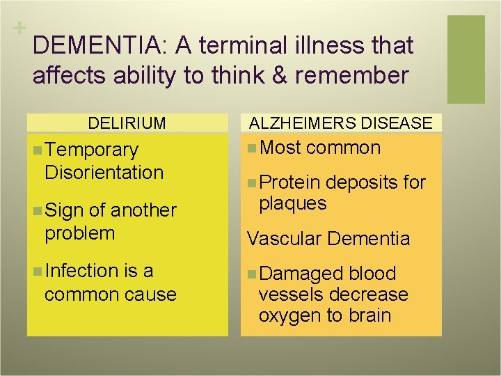 + DEMENTIA: A terminal illness that affects ability to think & remember DELIRIUM n