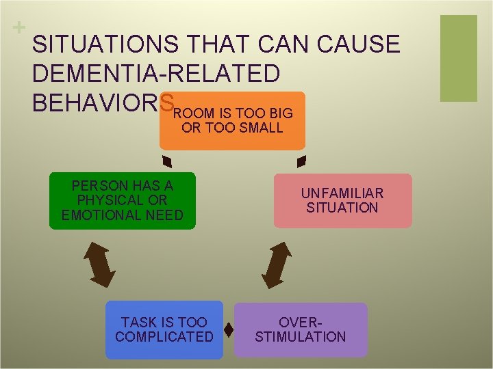 + SITUATIONS THAT CAN CAUSE DEMENTIA-RELATED BEHAVIORSROOM IS TOO BIG OR TOO SMALL PERSON