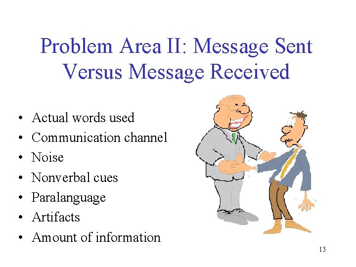 Problem Area II: Message Sent Versus Message Received • • Actual words used Communication