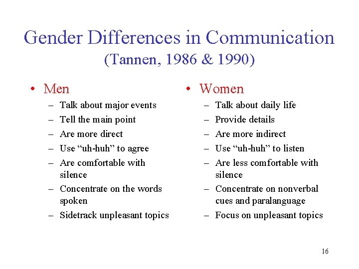 Gender Differences in Communication (Tannen, 1986 & 1990) • Men – – – Talk