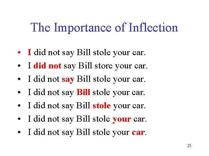 The Importance of Inflection • • I did not say Bill stole your car.