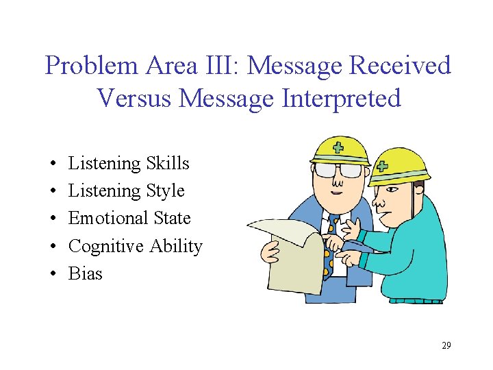 Problem Area III: Message Received Versus Message Interpreted • • • Listening Skills Listening