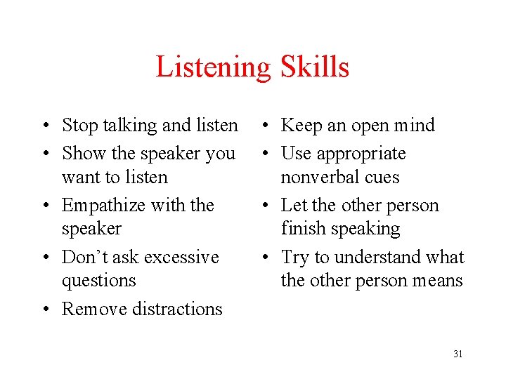 Listening Skills • Stop talking and listen • Show the speaker you want to