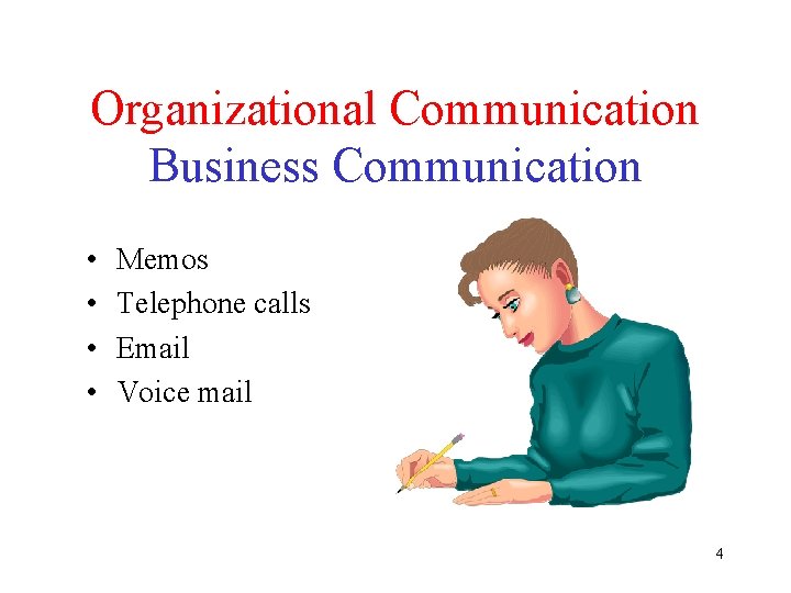 Organizational Communication Business Communication • • Memos Telephone calls Email Voice mail 4 