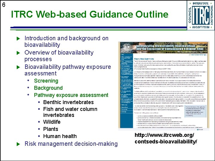 6 ITRC Web-based Guidance Outline u u u Introduction and background on bioavailability Overview