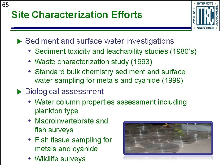 65 Site Characterization Efforts u Sediment and surface water investigations • Sediment toxicity and