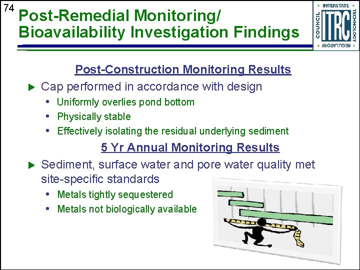 74 Post-Remedial Monitoring/ Bioavailability Investigation Findings u u Post-Construction Monitoring Results Cap performed in