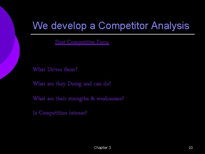 We develop a Competitor Analysis First Competitive Force What Drives them? What are they