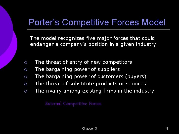 Porter’s Competitive Forces Model The model recognizes five major forces that could endanger a
