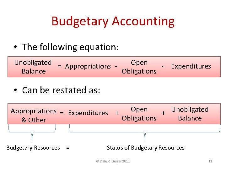 Budgetary Accounting • The following equation: Unobligated Open = Appropriations - Expenditures Balance Obligations