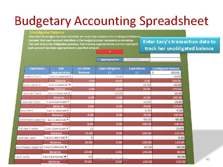 Budgetary Accounting Spreadsheet Enter Lacy’s transaction data to track her unobligated balance © Dale