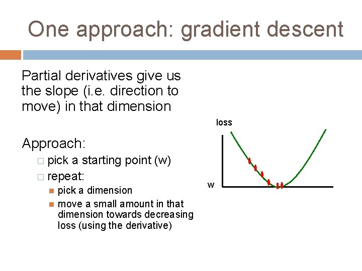 One approach: gradient descent Partial derivatives give us the slope (i. e. direction to