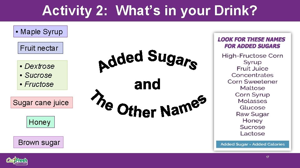 Activity 2: What’s in your Drink? • Maple Syrup Fruit nectar • Dextrose •