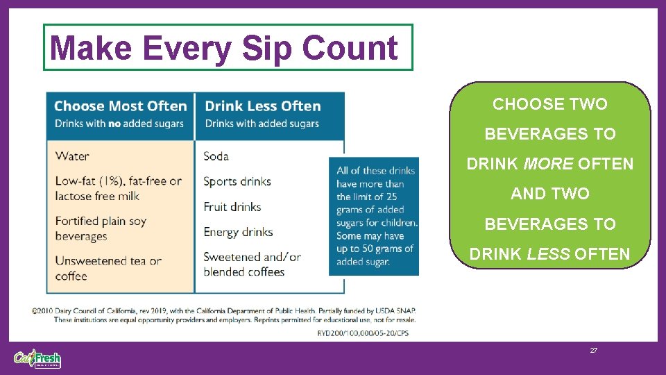 Make Every Sip Count CHOOSE TWO BEVERAGES TO DRINK MORE OFTEN AND TWO BEVERAGES