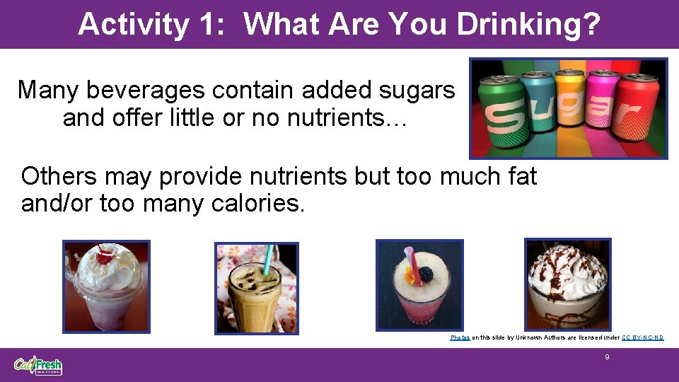 Activity 1: What Are You Drinking? Many beverages contain added sugars and offer little