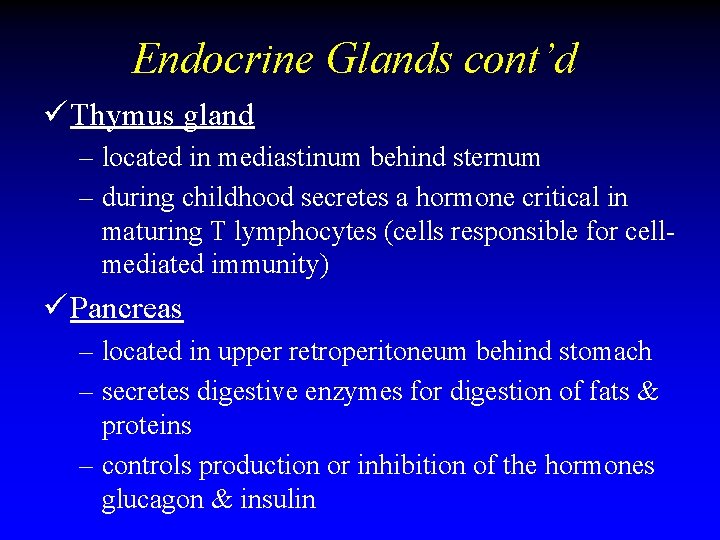 Endocrine Glands cont’d ü Thymus gland – located in mediastinum behind sternum – during Endocrine Glands cont’d ü Thymus gland – located in mediastinum behind sternum – during