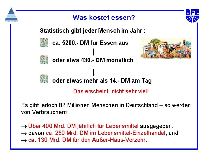 Was kostet essen? Statistisch gibt jeder Mensch im Jahr : ca. 5200. - DM