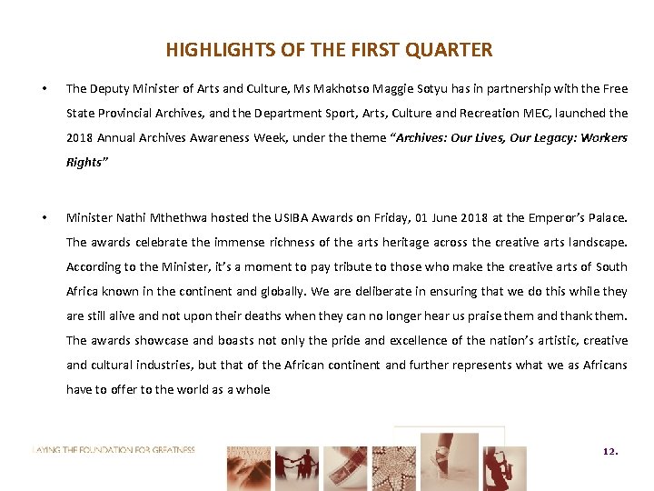 HIGHLIGHTS OF THE FIRST QUARTER • The Deputy Minister of Arts and Culture, Ms