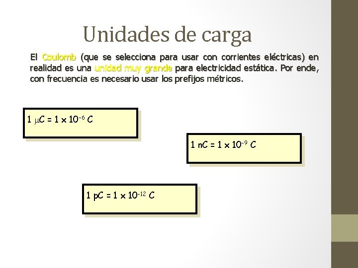 Unidades de carga El Coulomb (que se selecciona para usar con corrientes eléctricas) en