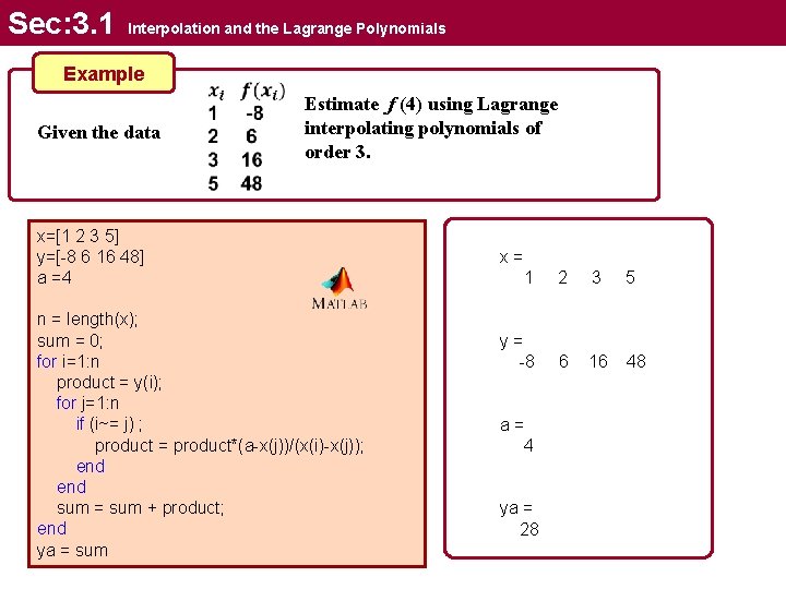 Sec: 3. 1 Interpolation and the Lagrange Polynomials Example Given the data Estimate f