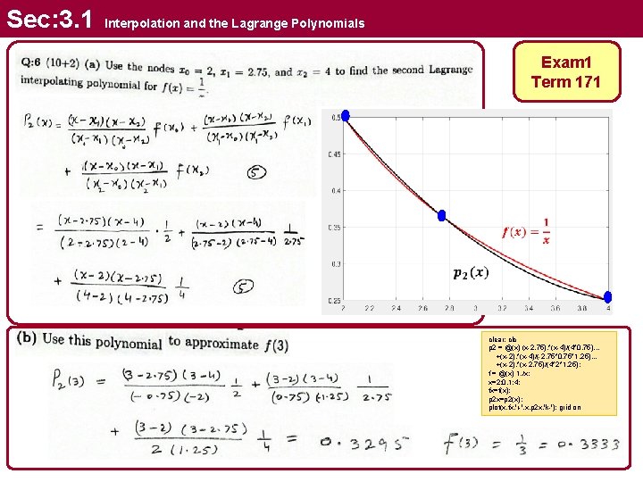 Sec: 3. 1 Interpolation and the Lagrange Polynomials Exam 1 Term 171 clear; clc