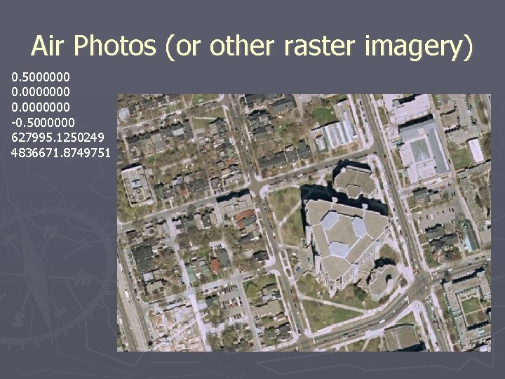 Air Photos (or other raster imagery) 0. 5000000 0. 0000000 -0. 5000000 627995. 1250249