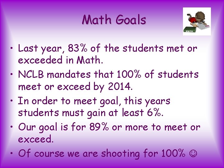 Math Goals • Last year, 83% of the students met or exceeded in Math.