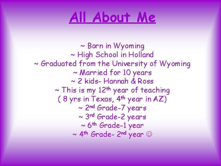 All About Me ~ Born in Wyoming ~ High School in Holland ~ Graduated