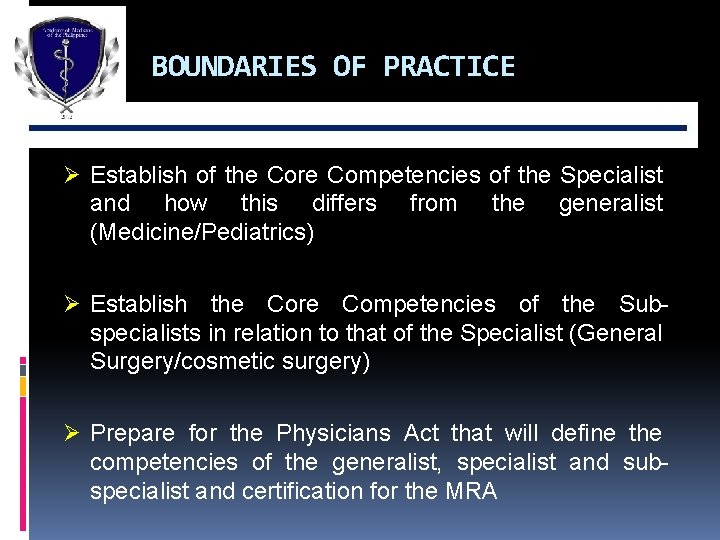 BOUNDARIES OF PRACTICE Ø Establish of the Core Competencies of the Specialist and how