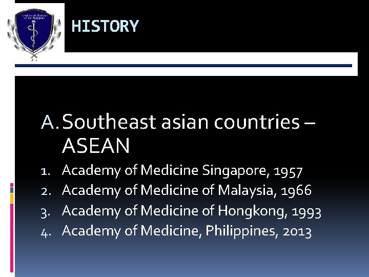 HISTORY A. Southeast asian countries – ASEAN 1. 2. 3. 4. Academy of Medicine