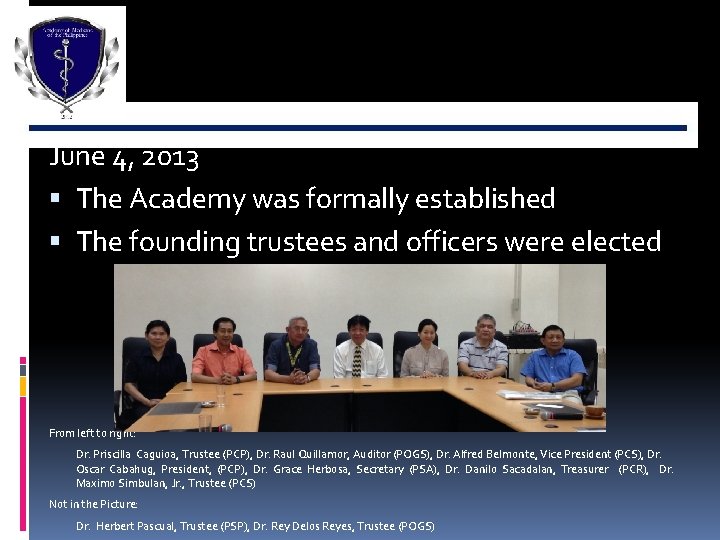 June 4, 2013 The Academy was formally established The founding trustees and officers were