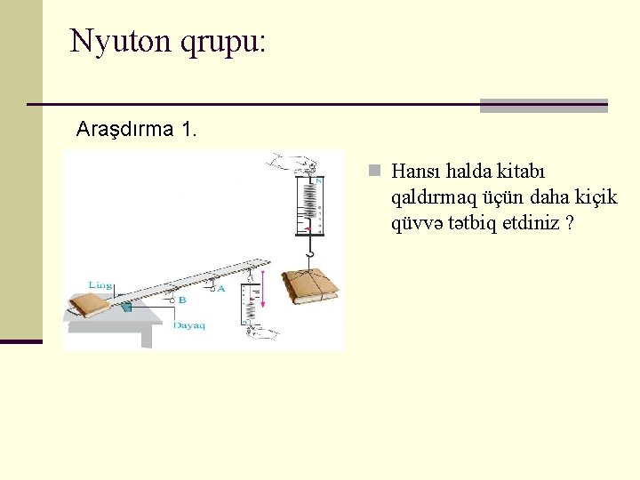 Nyuton qrupu: Araşdırma 1. n Hansı halda kitabı qaldırmaq üçün daha kiçik qüvvə tətbiq