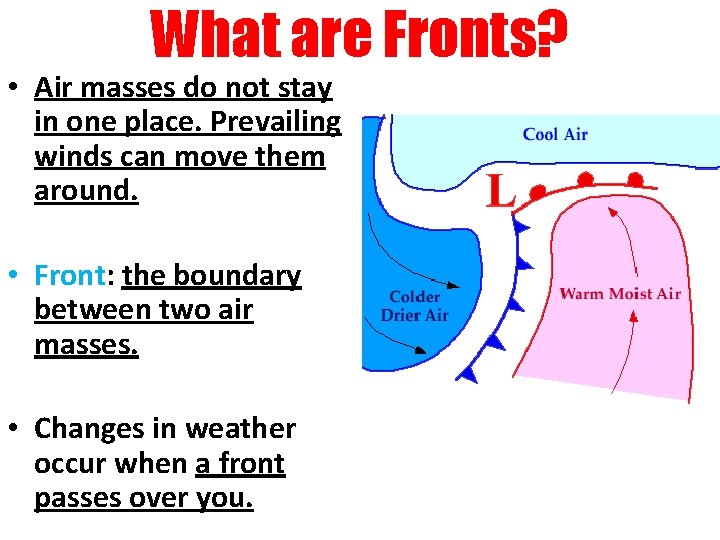 What are Fronts? • Air masses do not stay in one place. Prevailing winds