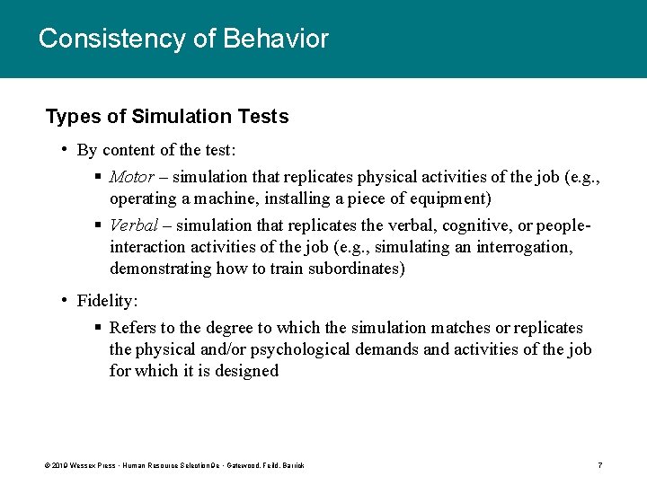 Consistency of Behavior Types of Simulation Tests • By content of the test: §