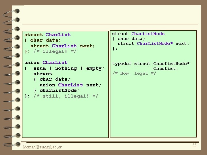 struct Char. List { char data; struct Char. List next; }; /* illegal! */