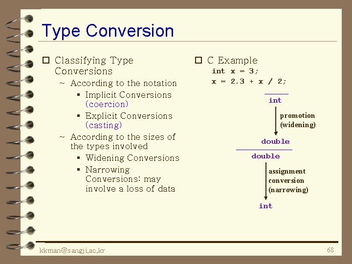 Type Conversion o Classifying Type Conversions ~ According to the notation § Implicit Conversions