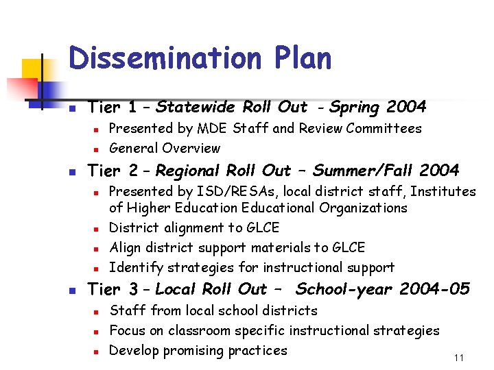 Dissemination Plan n Tier 1 – Statewide Roll Out - Spring 2004 n n
