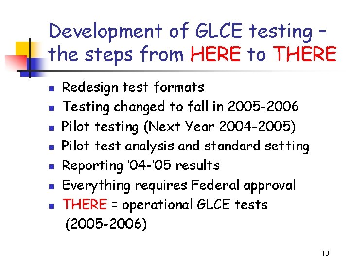 Development of GLCE testing – the steps from HERE to THERE n n n